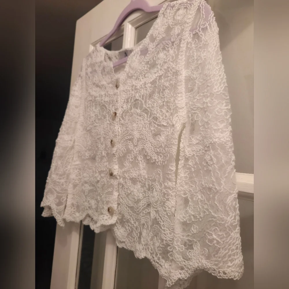 AZ Chic Lace Embroidered Button Up Long Sleeve Blouse
